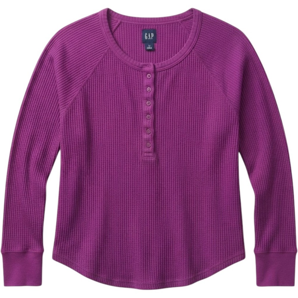 Gap Womens Purple Waffle Knit Henley Long Sleeve Shirt Size M Raglan Curved Hem